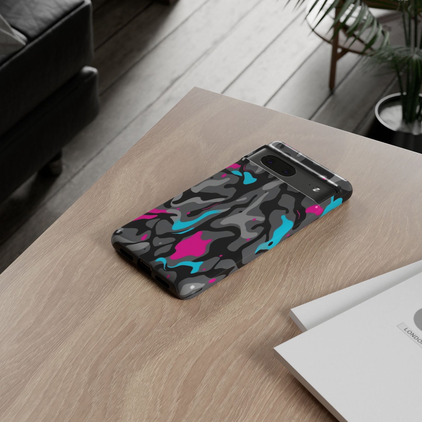 Camouflage Phone Case — Gray Camo with Neon Pink & Cyan Accent Tough Protective Cover