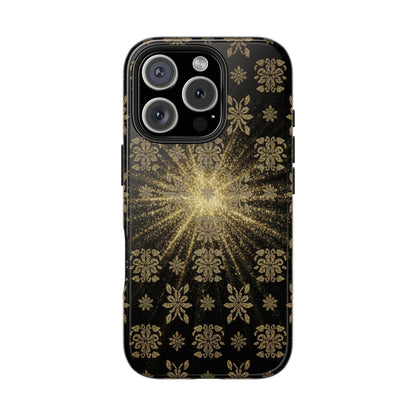 Glitter Burst Tough Phone Case — Black & Gold Floral Protective Cover