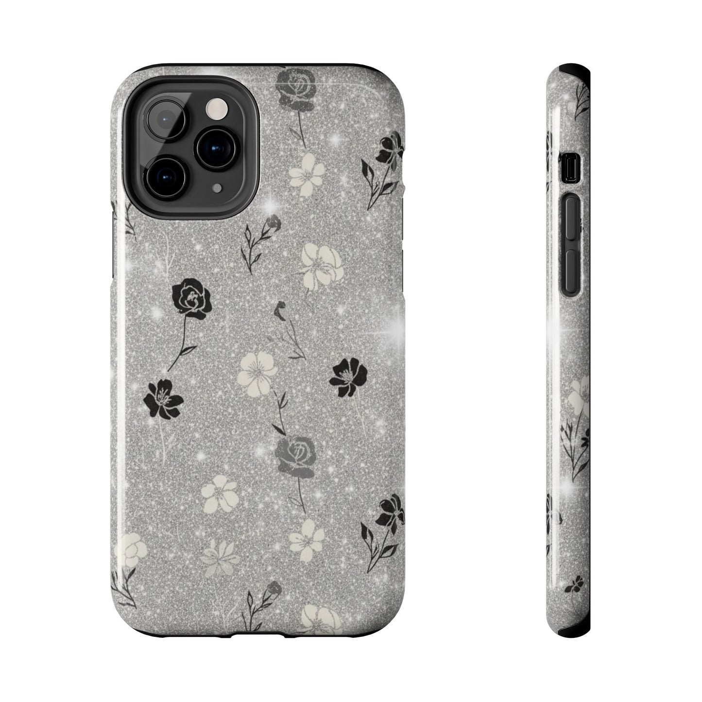 Floral Glitter Tough Phone Case — Black & Silver Vintage Flower Protective Cover