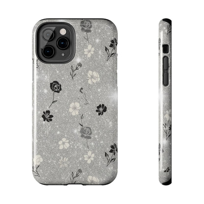 Floral Glitter Tough Phone Case — Black & Silver Vintage Flower Protective Cover