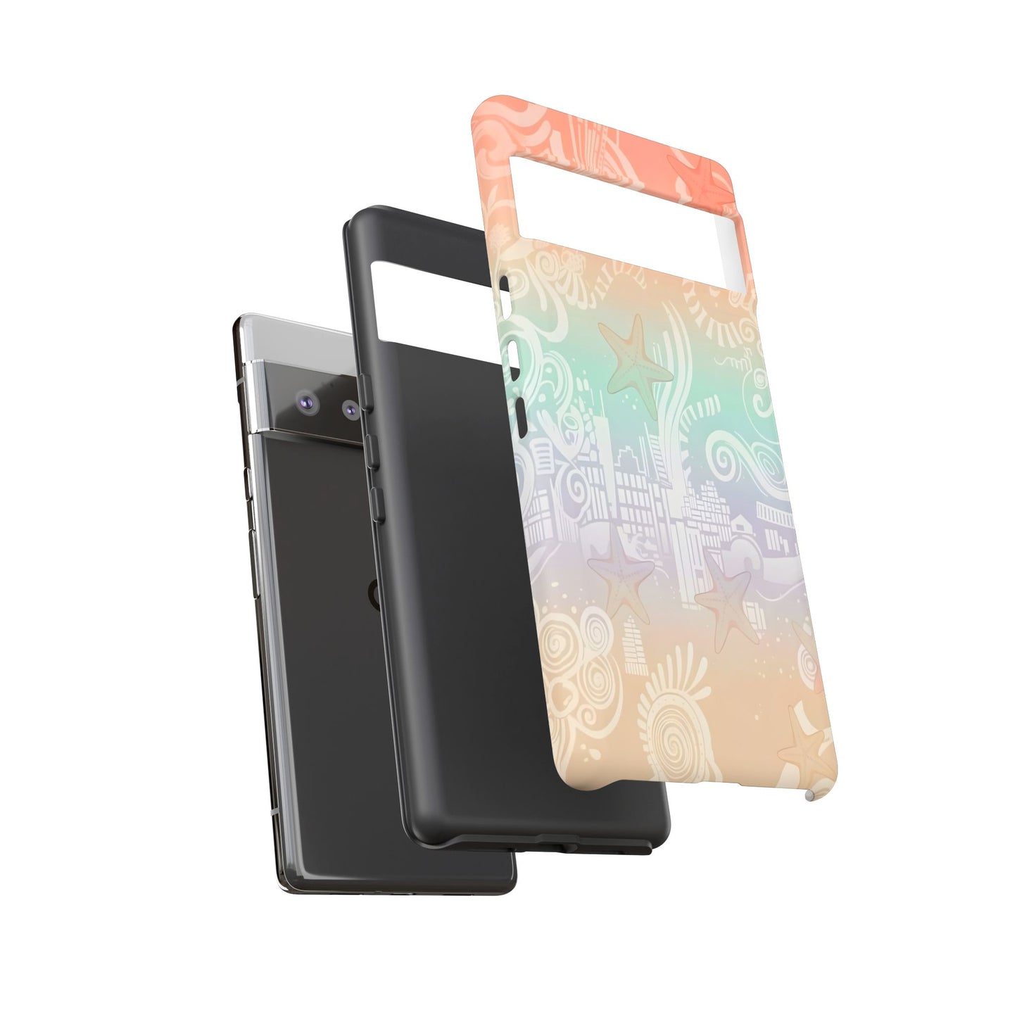 Tough Cases: Pastel Beach Pattern Phone Case — Starfish & Coastal Cityscape Protective Cover