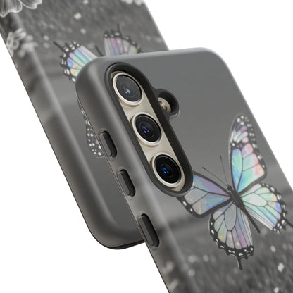 Butterfly Field Tough Phone Case — Pastel Holographic Butterfly on Black & White Floral Background