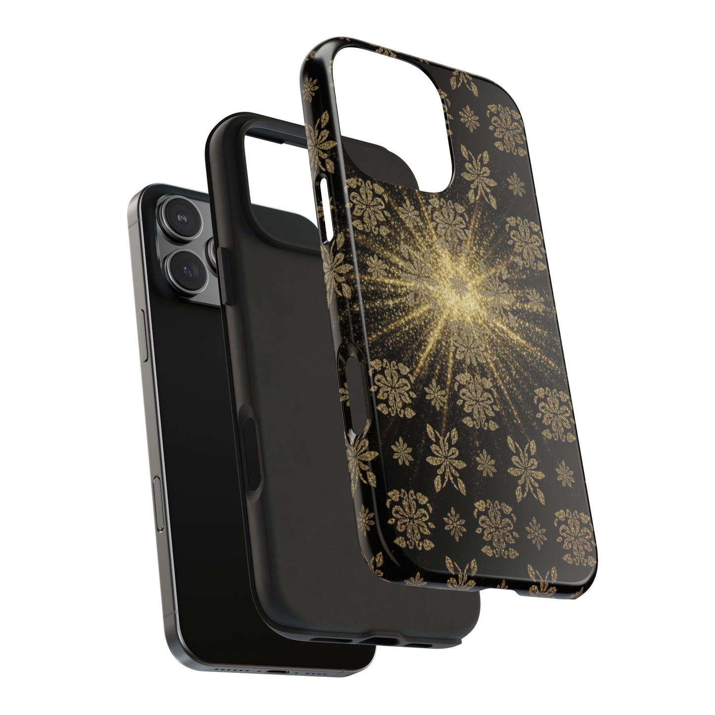 Glitter Burst Tough Phone Case — Black & Gold Floral Protective Cover