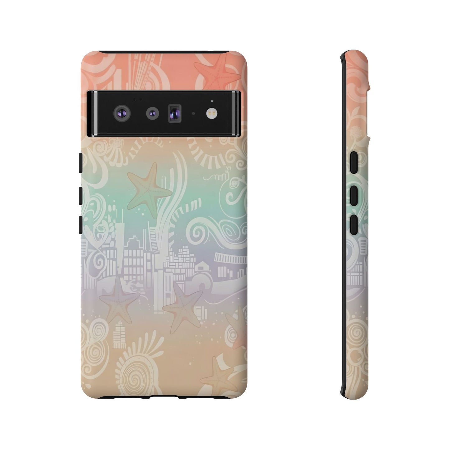 Tough Cases: Pastel Beach Pattern Phone Case — Starfish & Coastal Cityscape Protective Cover