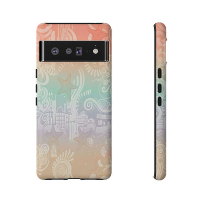 Tough Cases: Pastel Beach Pattern Phone Case — Starfish & Coastal Cityscape Protective Cover