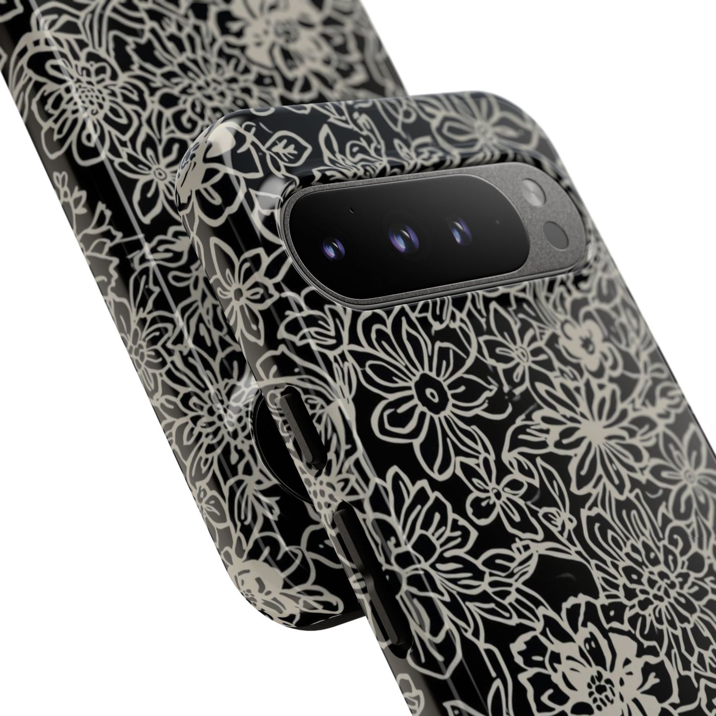 Floral Doodle Tough Phone Case — Black & White Sketch Flower Protective Cover