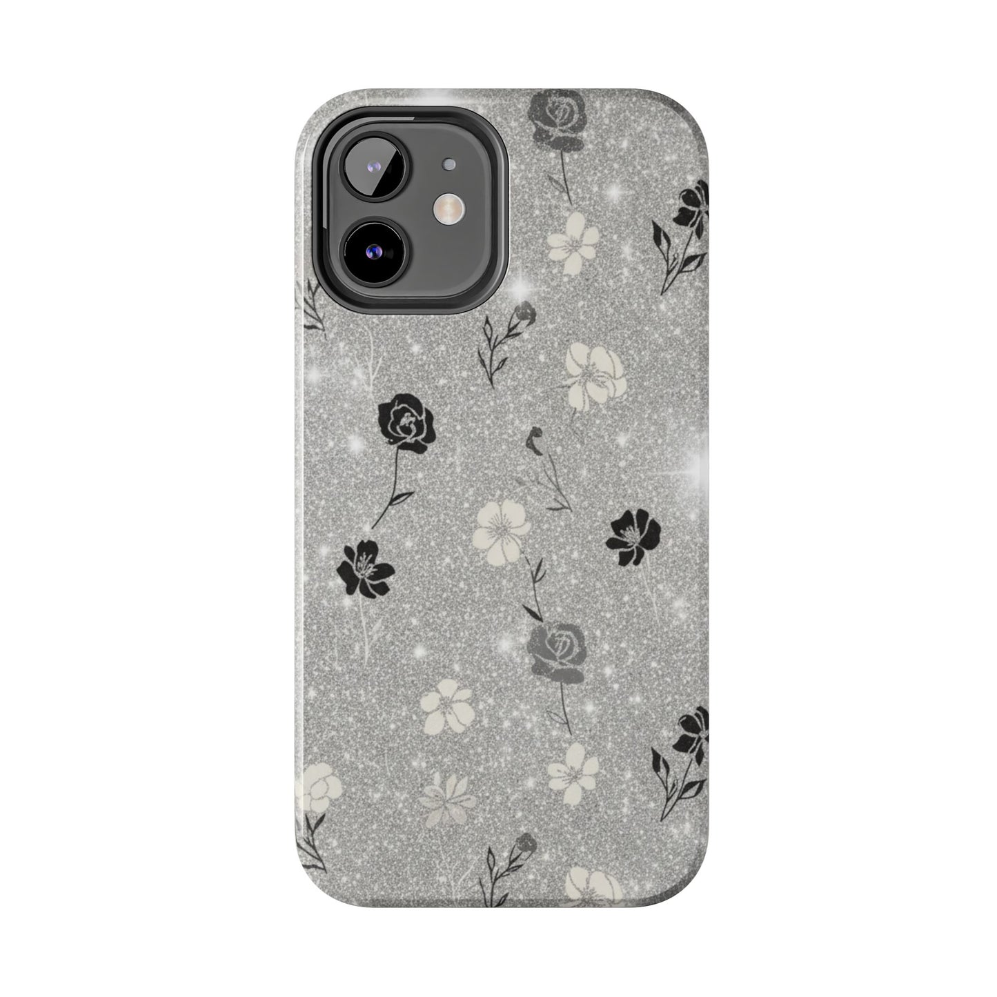 Floral Glitter Tough Phone Case — Black & Silver Vintage Flower Protective Cover