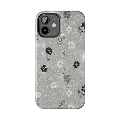 Floral Glitter Tough Phone Case — Black & Silver Vintage Flower Protective Cover