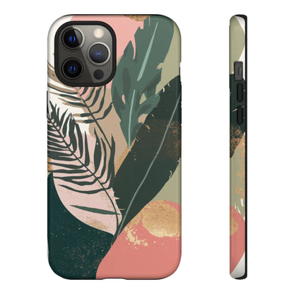 Tropical Leaf Tough Phone Case — Abstract Pink & Green Botanical Protective Cover