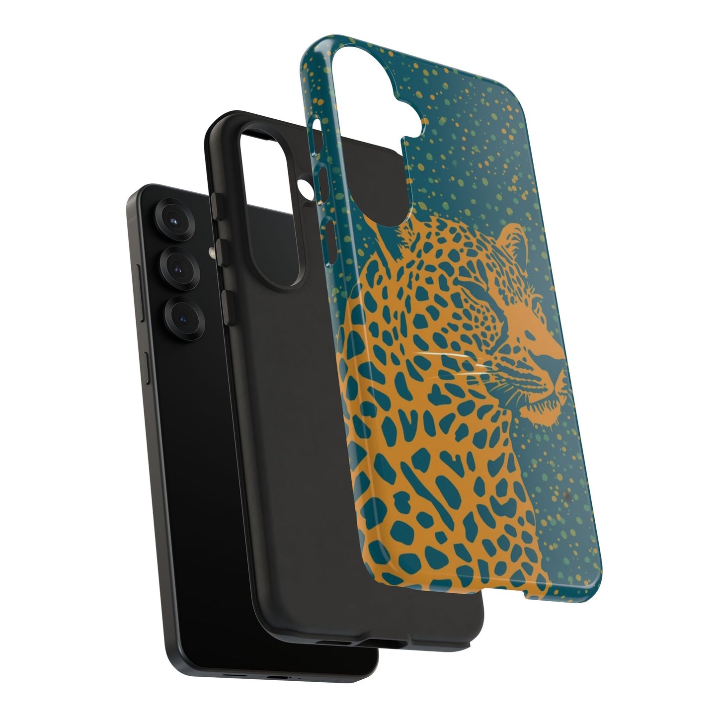 Leopard Print Tough Phone Case — Gold Panther on Teal, Protective iPhone Cover