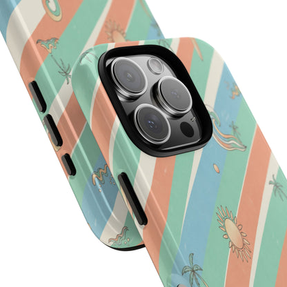 Retro Beach Stripes Phone Case — Sun, Waves & Palm Pattern Tough Case