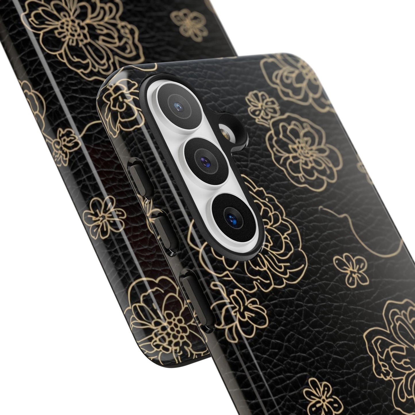 Floral Leather-Texture Tough Case – Black Gold Outline Phone Cover