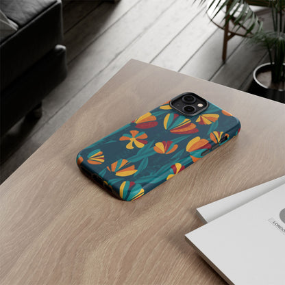 Floral Retro Teal Tough Phone Case — Vibrant Orange & Mustard Blooms