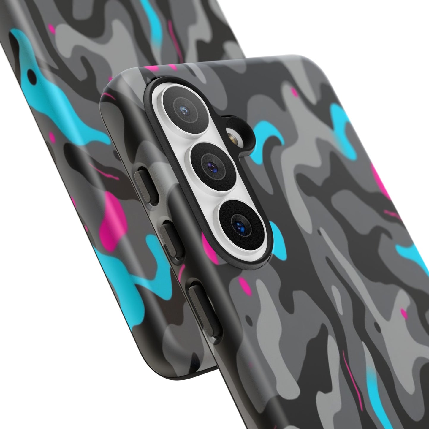 Camouflage Phone Case — Gray Camo with Neon Pink & Cyan Accent Tough Protective Cover