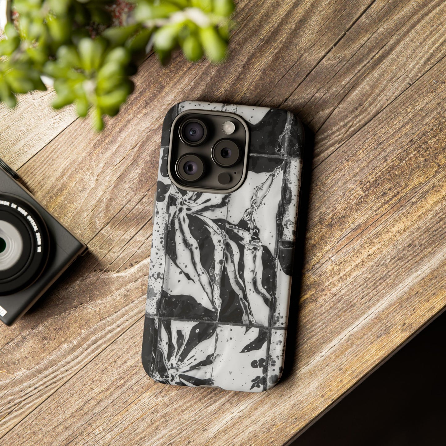 Monochrome Tile Floral Tough Phone Case