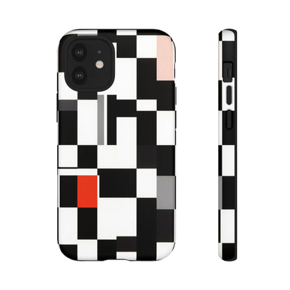 Abstract Geometric Phone Case – Black & White Checker Grid with Red Accent