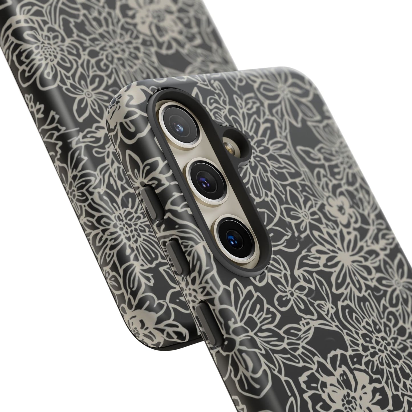 Floral Doodle Tough Phone Case — Black & White Sketch Flower Protective Cover