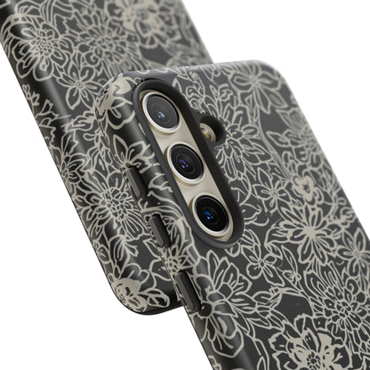 Floral Doodle Tough Phone Case — Black & White Sketch Flower Protective Cover