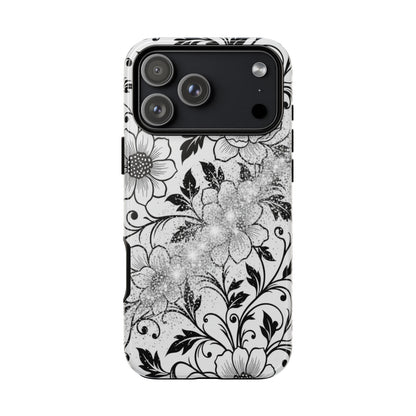 Floral Lace Phone Case — Black & White Vintage Flower Protective Case