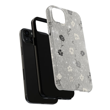 Floral Glitter Tough Phone Case — Black & Silver Vintage Flower Protective Cover