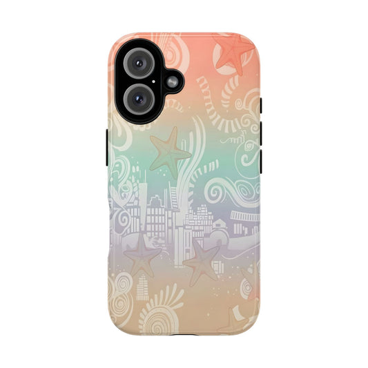 Tough Cases: Pastel Beach Pattern Phone Case — Starfish & Coastal Cityscape Protective Cover