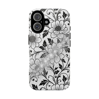 Floral Lace Phone Case — Black & White Vintage Flower Protective Case