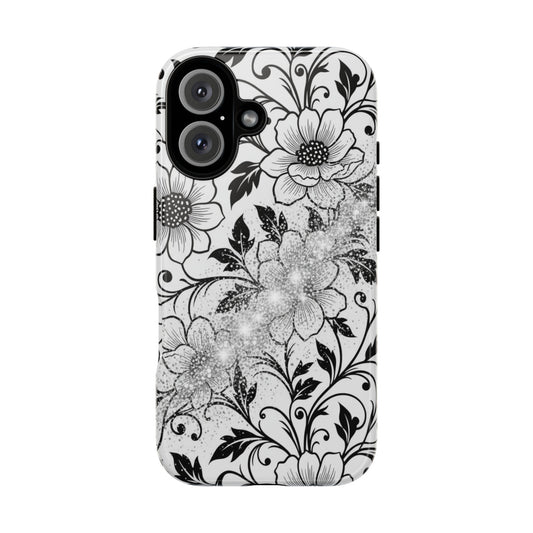 Floral Lace Phone Case — Black & White Vintage Flower Protective Case