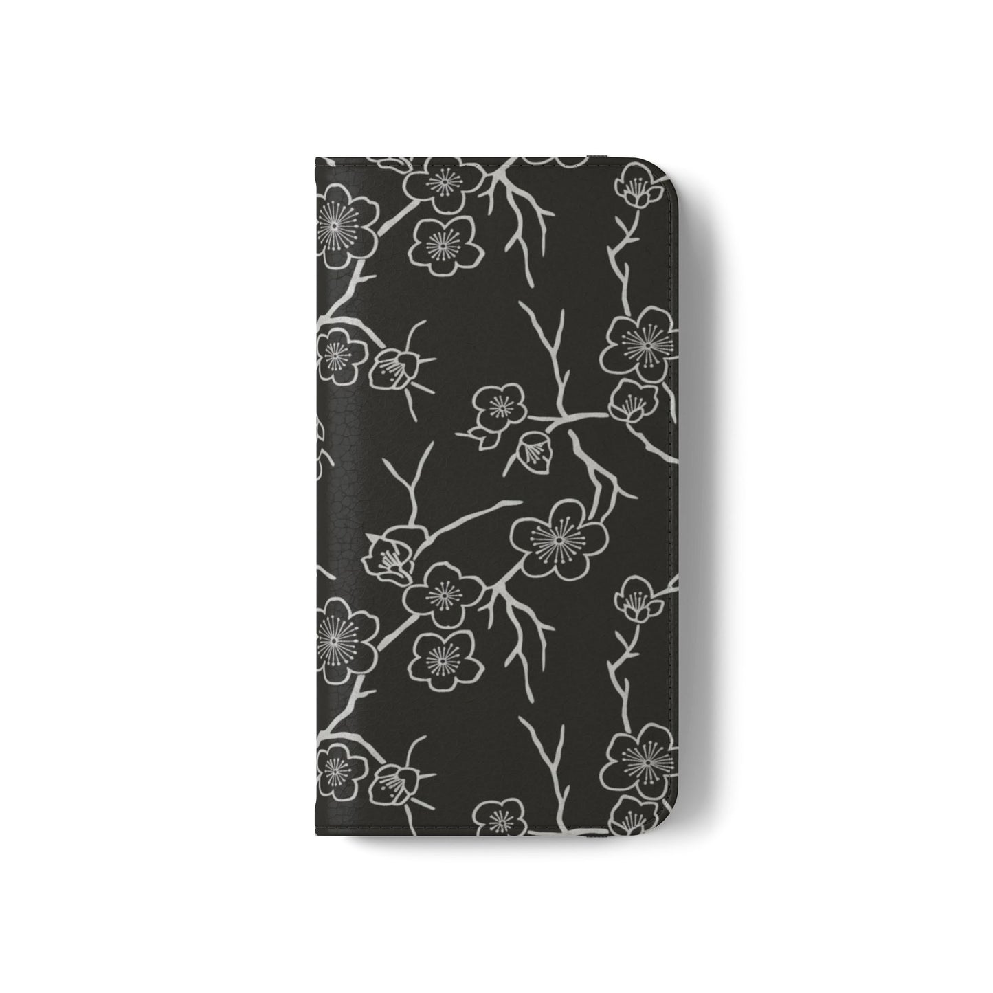 Black Cherry Blossom Flip Phone Case – Floral Wallet Flip Case with Card Slots