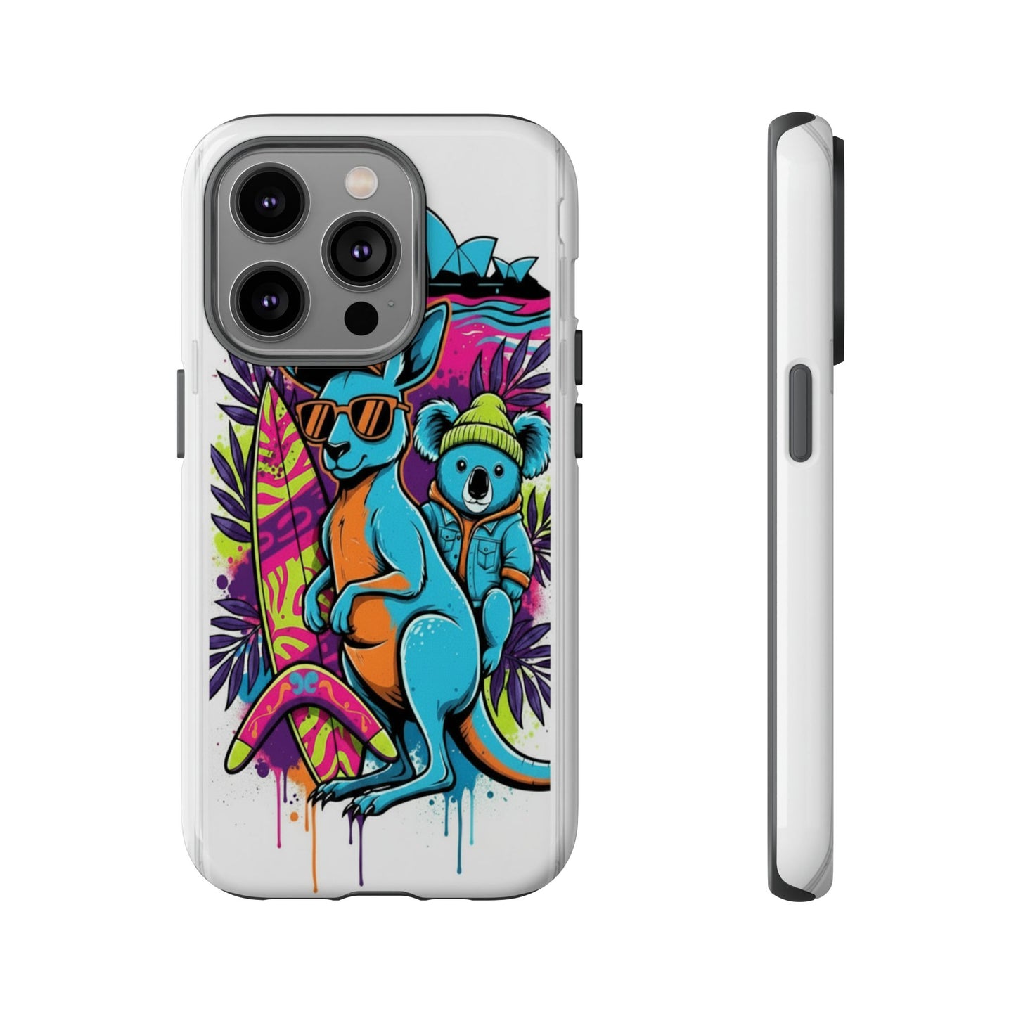 Kangaroo & Koala Surf Phone Case — Retro Neon Beach Art Tough Case