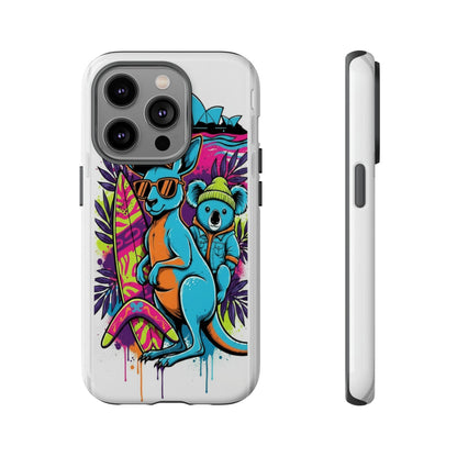 Kangaroo & Koala Surf Phone Case — Retro Neon Beach Art Tough Case