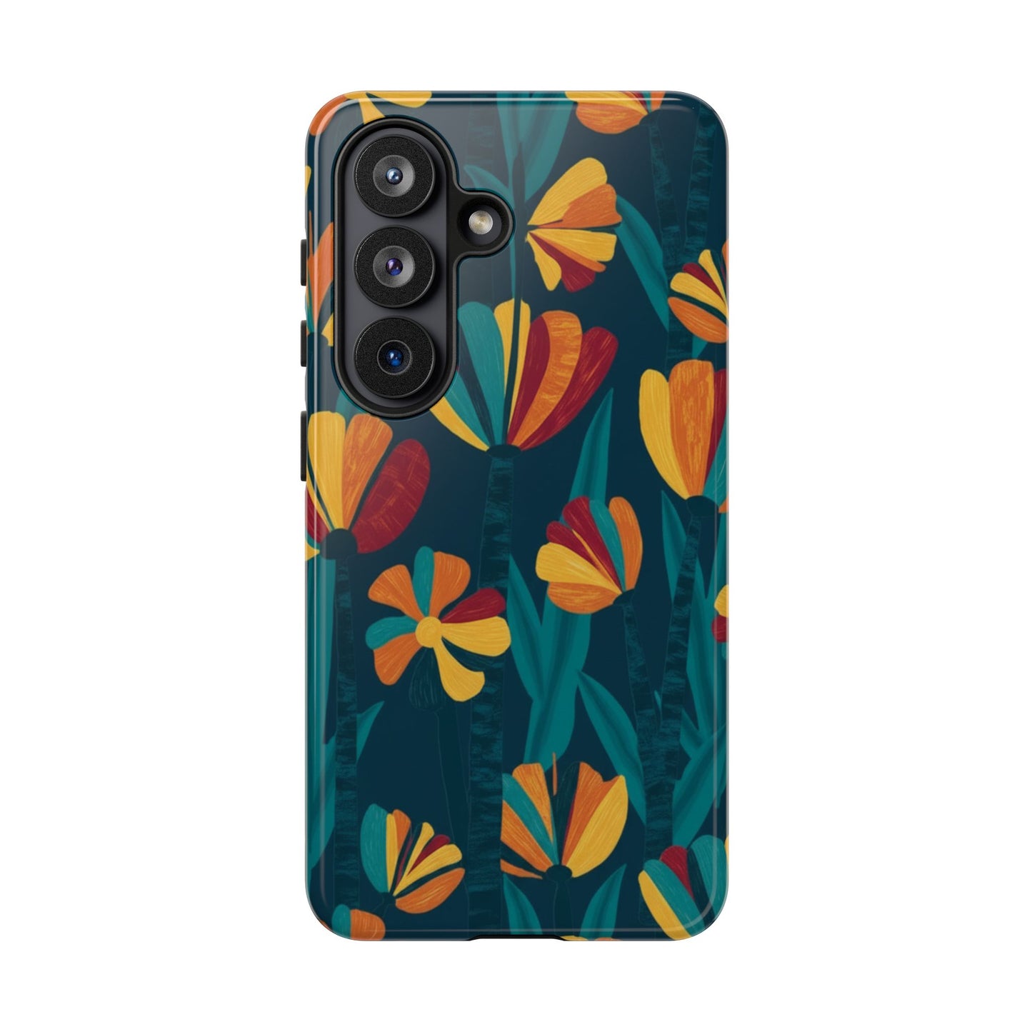 Floral Retro Teal Tough Phone Case — Vibrant Orange & Mustard Blooms