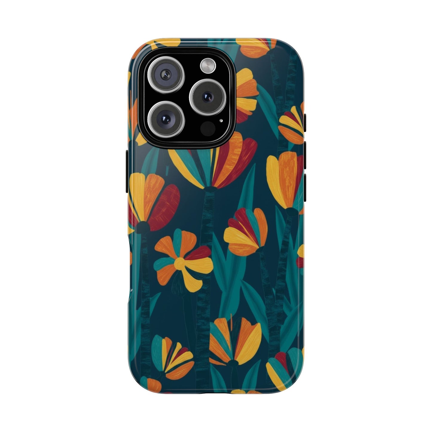 Floral Retro Teal Tough Phone Case — Vibrant Orange & Mustard Blooms