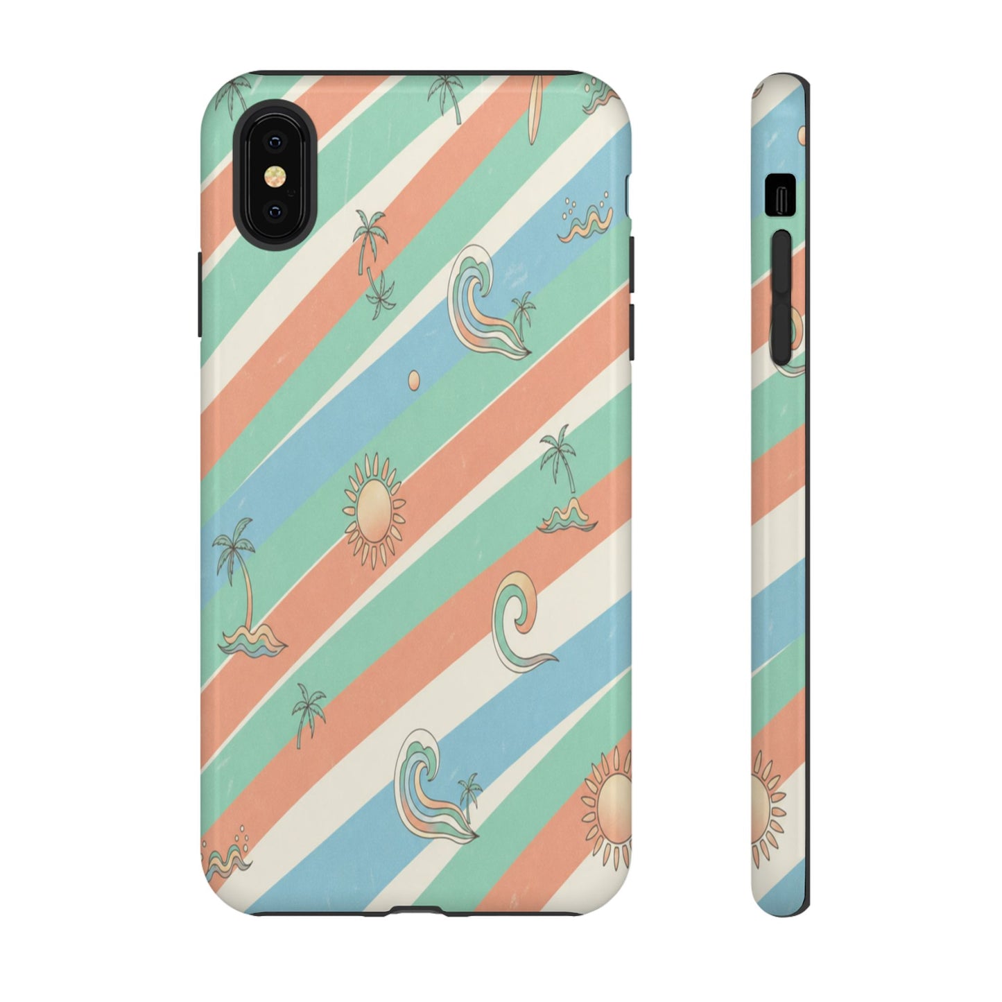 Retro Beach Stripes Phone Case — Sun, Waves & Palm Pattern Tough Case