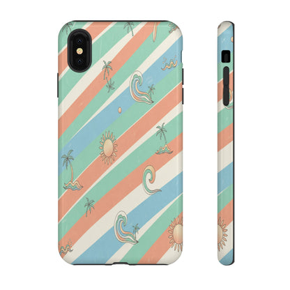 Retro Beach Stripes Phone Case — Sun, Waves & Palm Pattern Tough Case