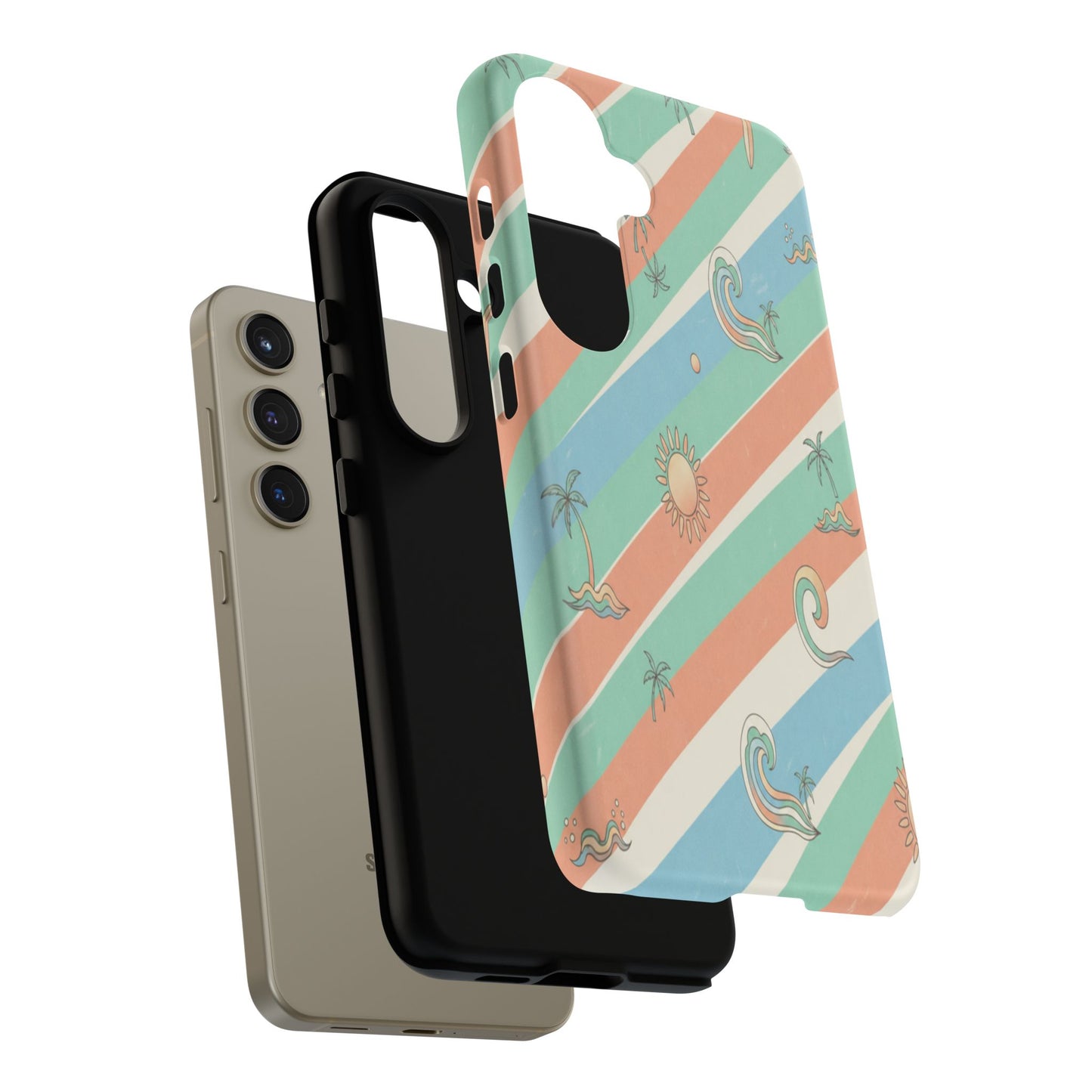 Retro Beach Stripes Phone Case — Sun, Waves & Palm Pattern Tough Case