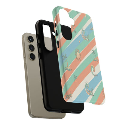 Retro Beach Stripes Phone Case — Sun, Waves & Palm Pattern Tough Case