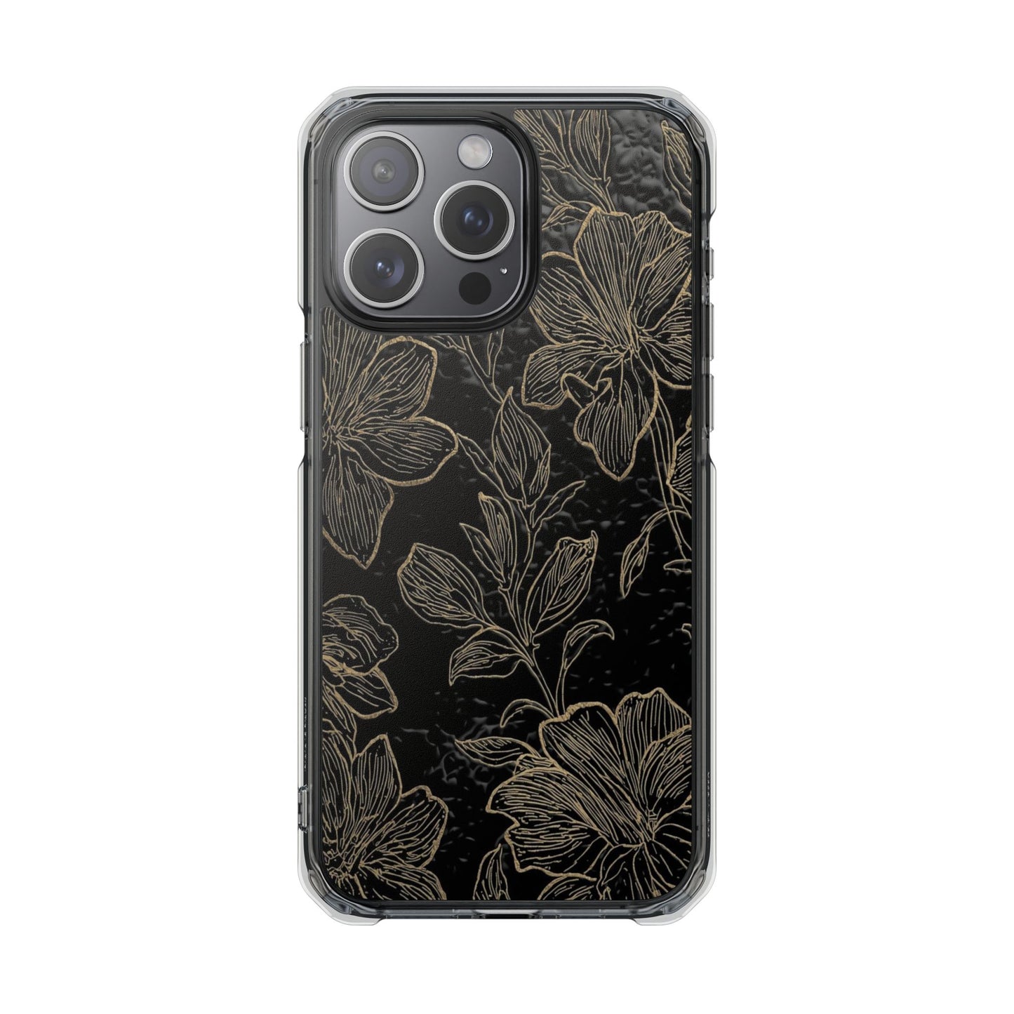 Floral Sketch Magnetic Clear Phone Case — Black & Gold Botanical Impact Case