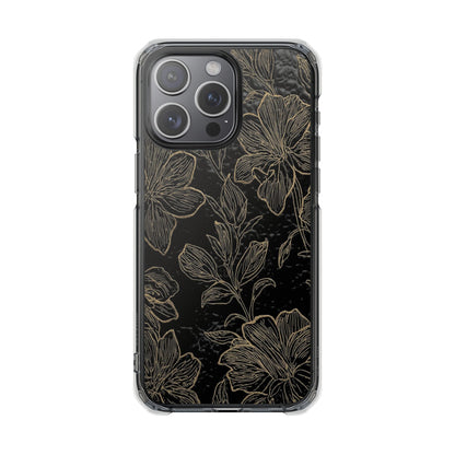 Floral Sketch Magnetic Clear Phone Case — Black & Gold Botanical Impact Case