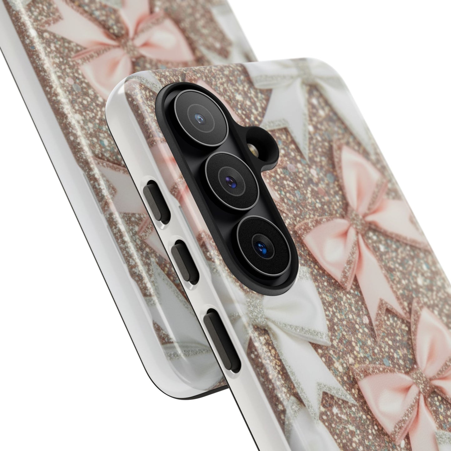 Glitter Bow Tough Phone Case — Pink & White Ribbon Protective Cover
