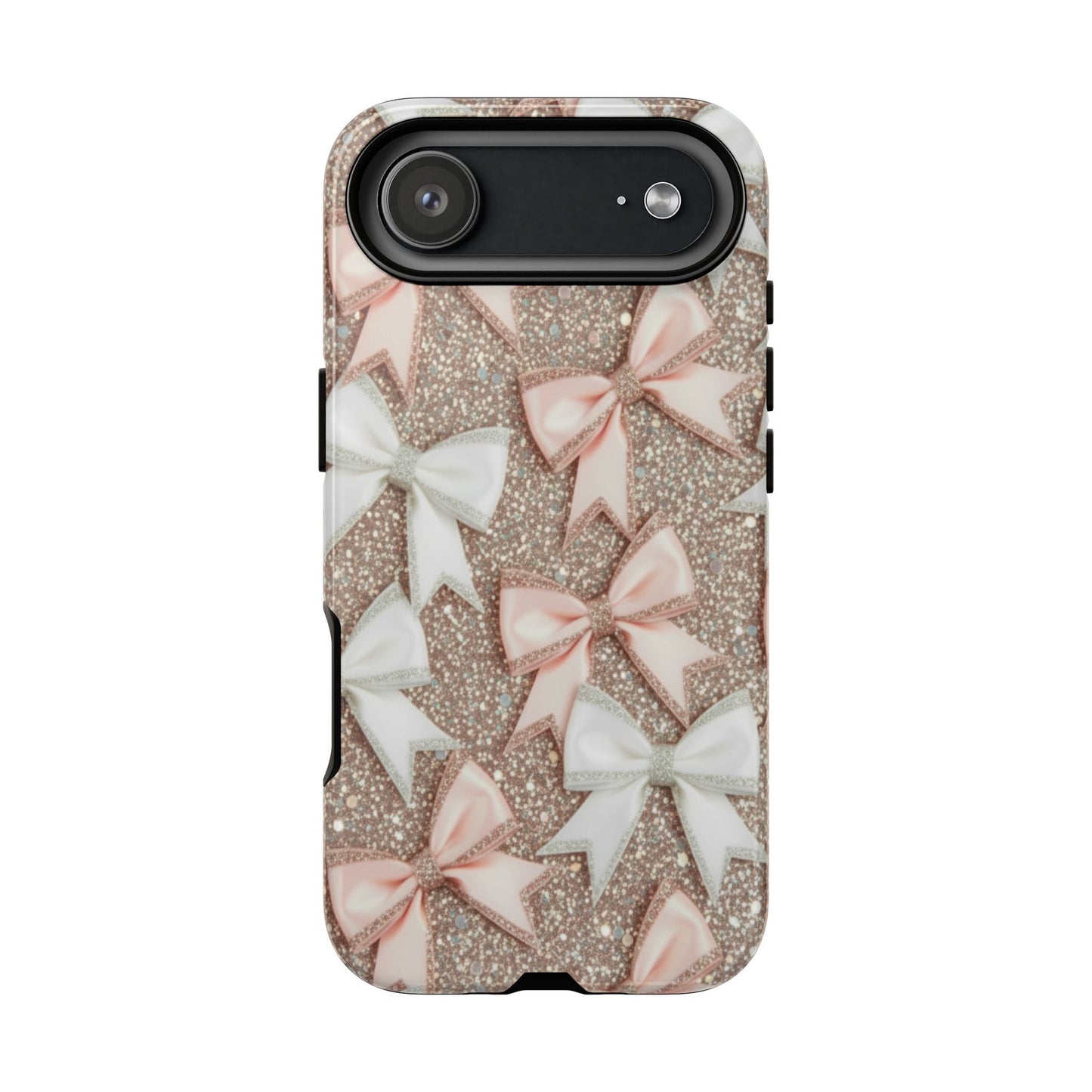 Glitter Bow Tough Phone Case — Pink & White Ribbon Protective Cover