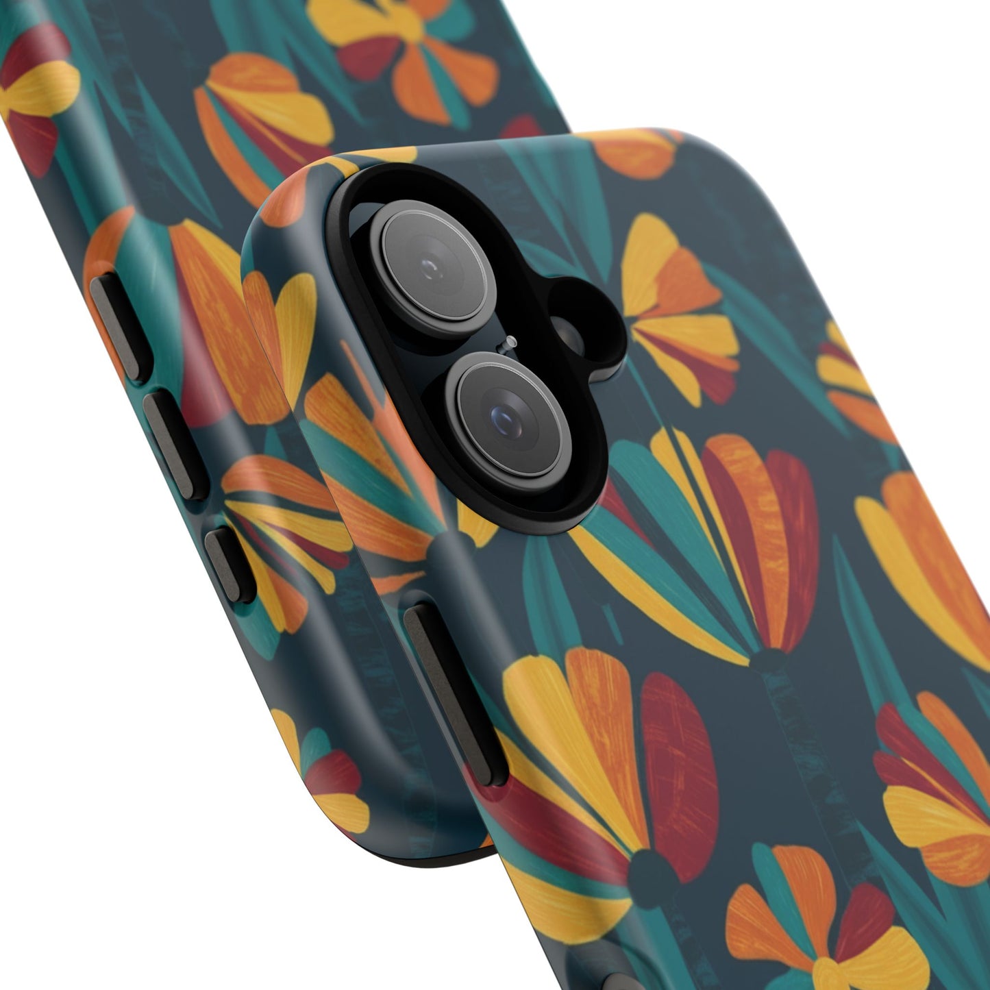 Floral Retro Teal Tough Phone Case — Vibrant Orange & Mustard Blooms
