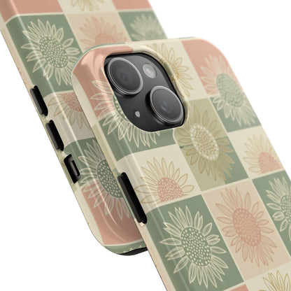 Sunflower Check iPhone Tough Phone Case — Retro Pastel Floral Protective Cover