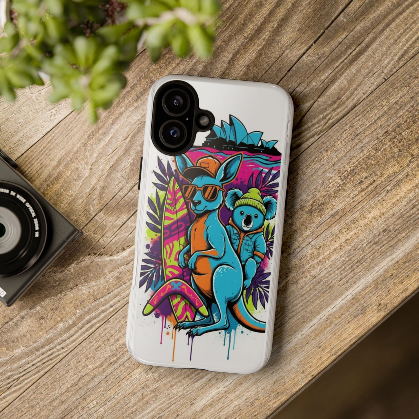 Kangaroo & Koala Surf Phone Case — Retro Neon Beach Art Tough Case