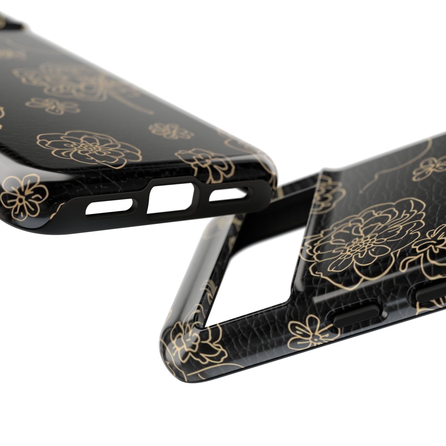 Floral Leather-Texture Tough Case – Black Gold Outline Phone Cover