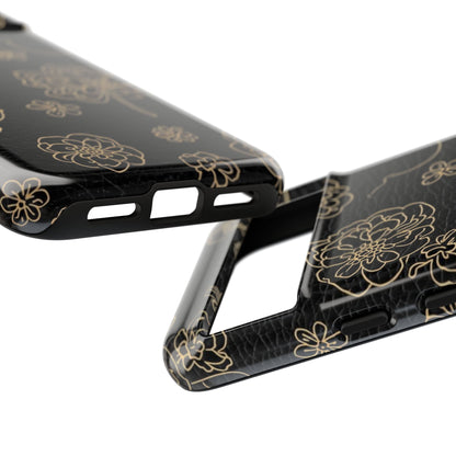 Floral Leather-Texture Tough Case – Black Gold Outline Phone Cover