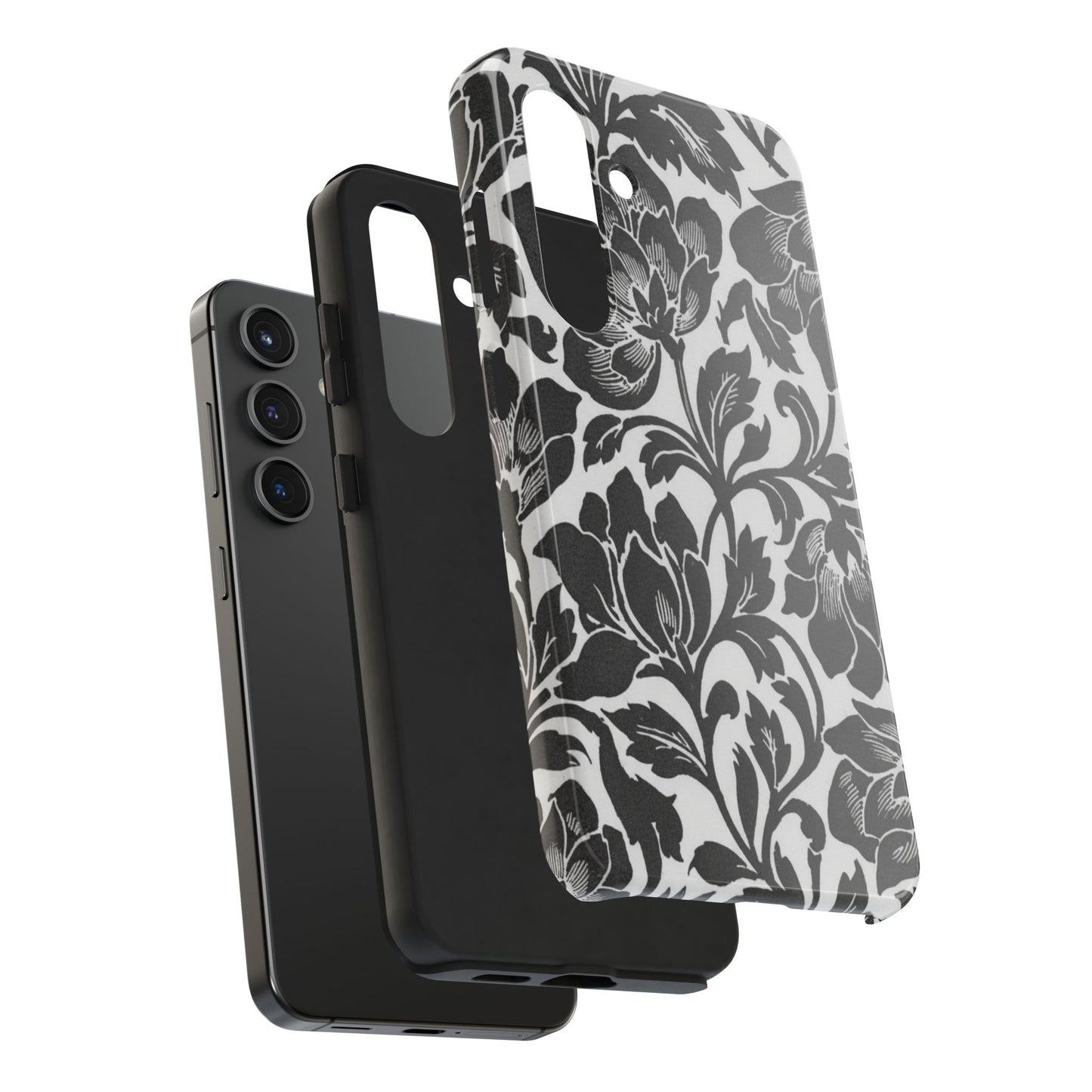 Tough Phone Case — Black & White Vintage Floral Protective Cover