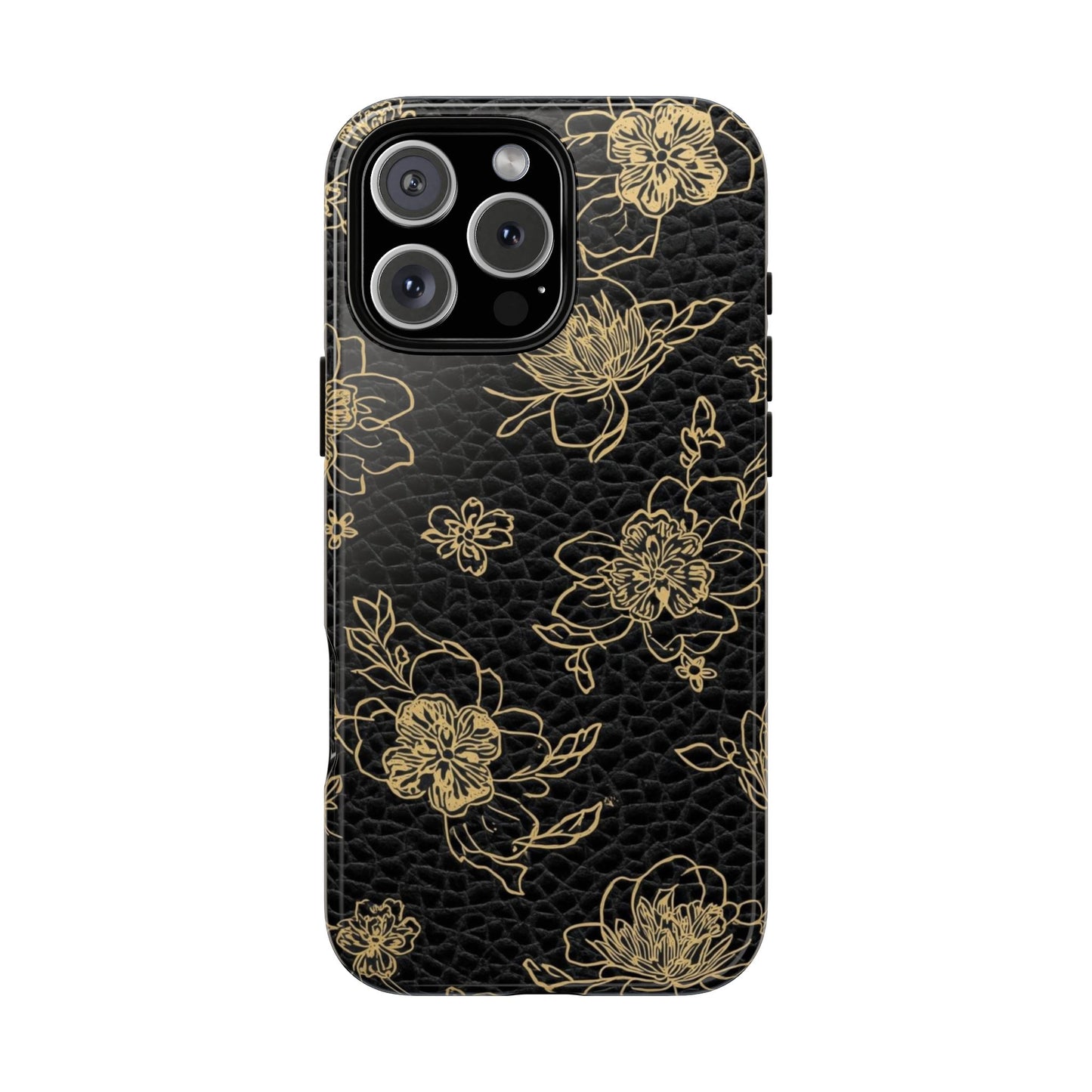 Floral Leather Phone Case — Gold Outline Flowers on Black Tough Case