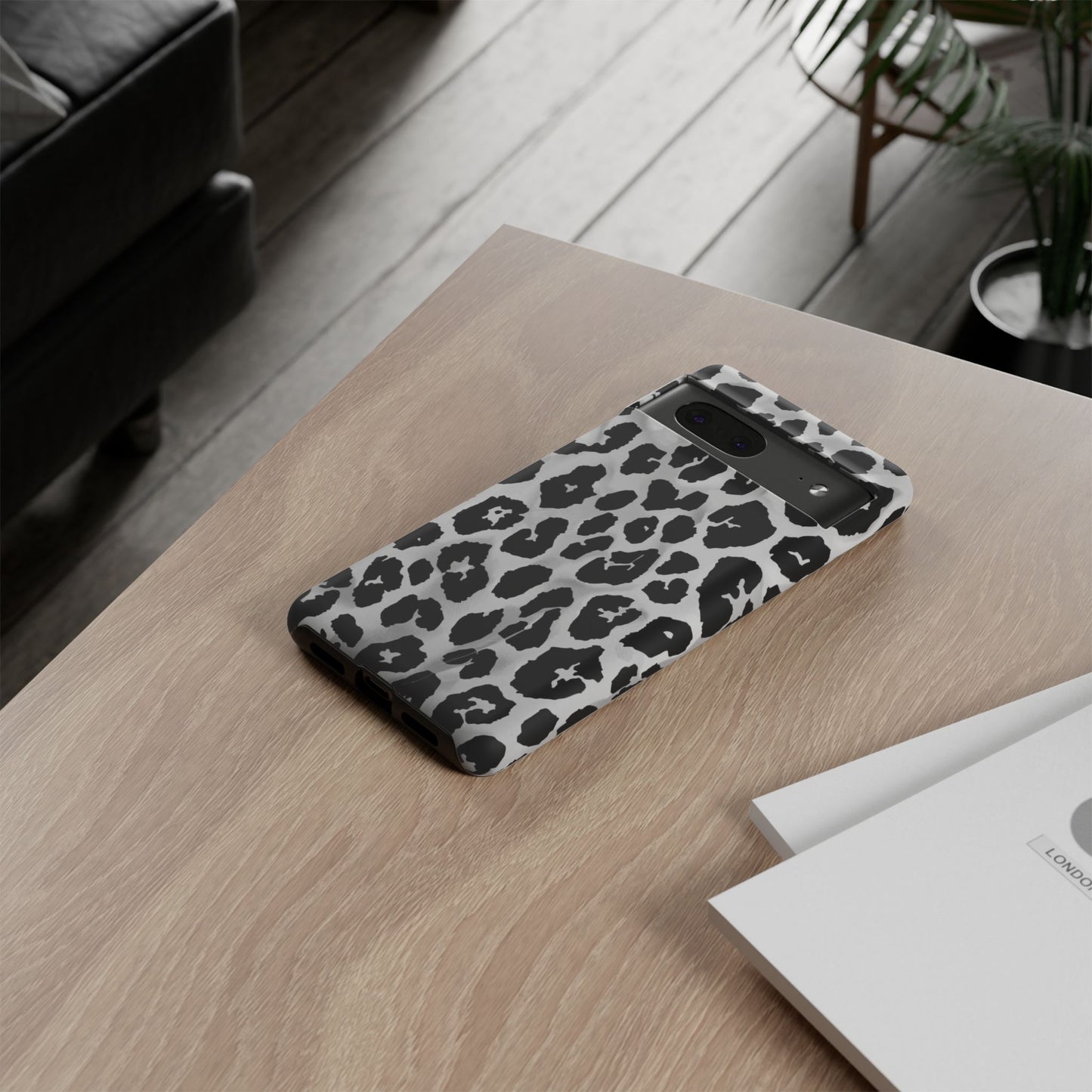 Leopard Print Tough Phone Case – Black & White Animal Pattern Protective Cover