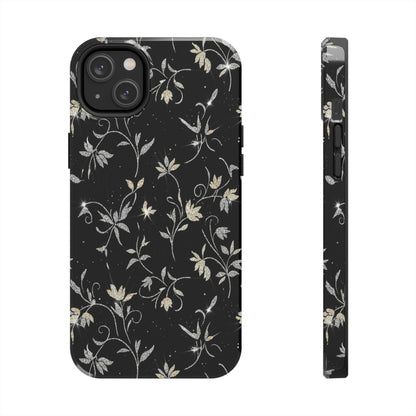 Floral Noir Tough Phone Case — Vintage Black Botanical Protective Cover