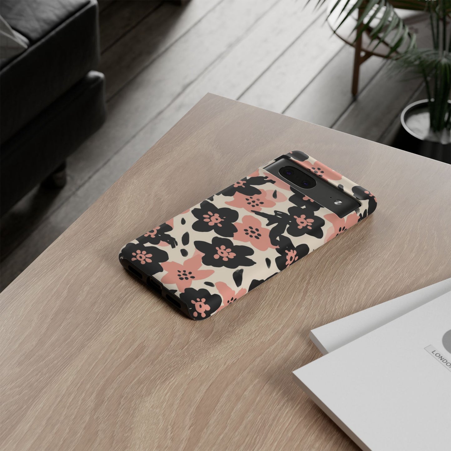 Floral Phone Case — Pink & Black Retro Blossom Protective Cover